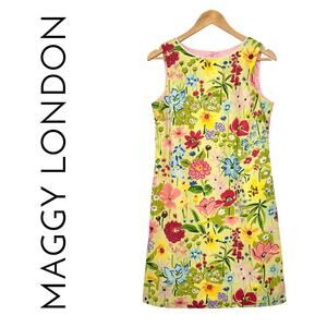 Vintage Maggy London 60s Mod Floral Sleeveless Dress Size 8 Yellow Lace Trim USA